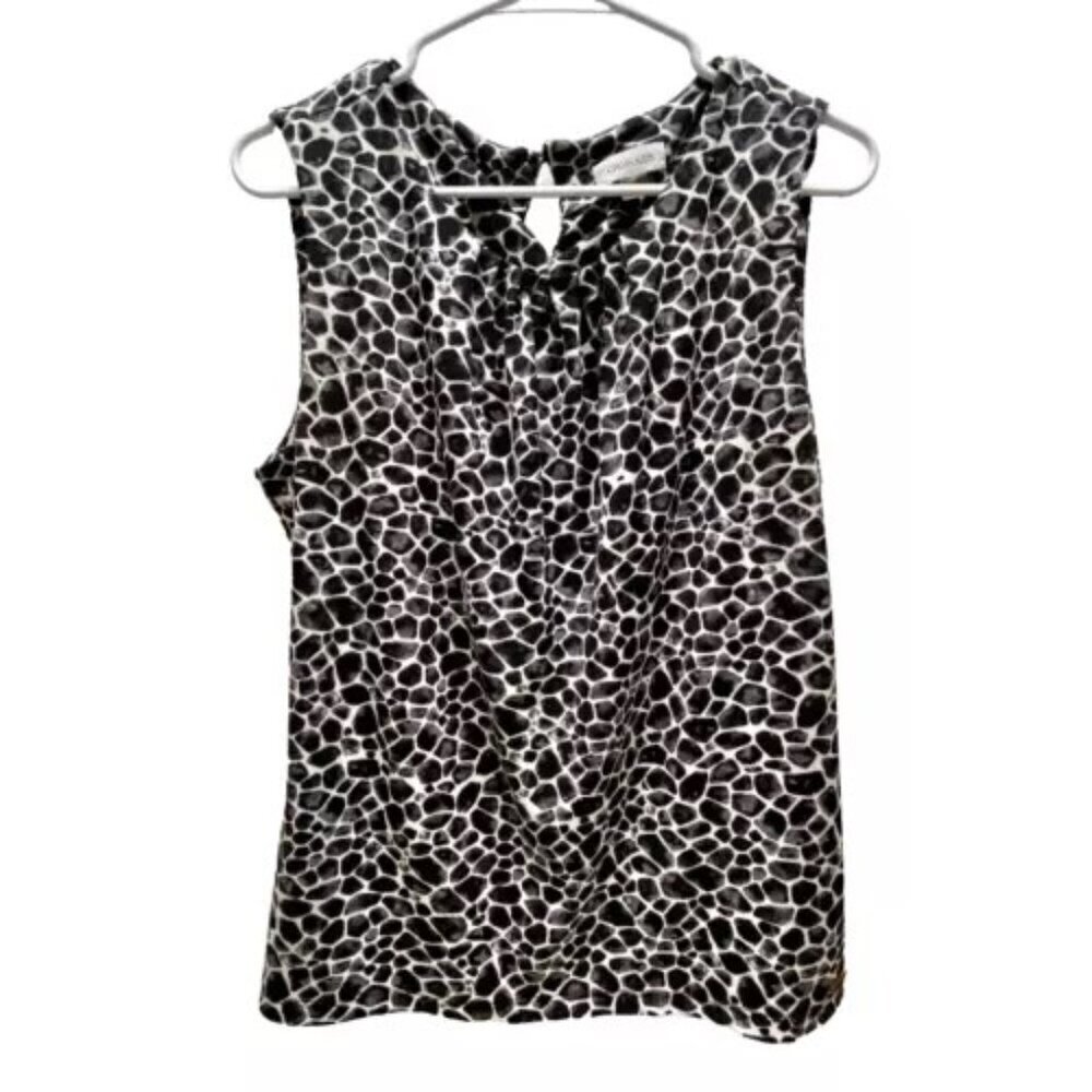 Calvin Klein Women's XL Career Tank Black White‎ Animal Print Gathered Neck EUC